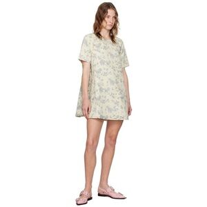 GANNI Off White Floral Denim Mini Shift Dress in Tofu Cream Vintage Flower